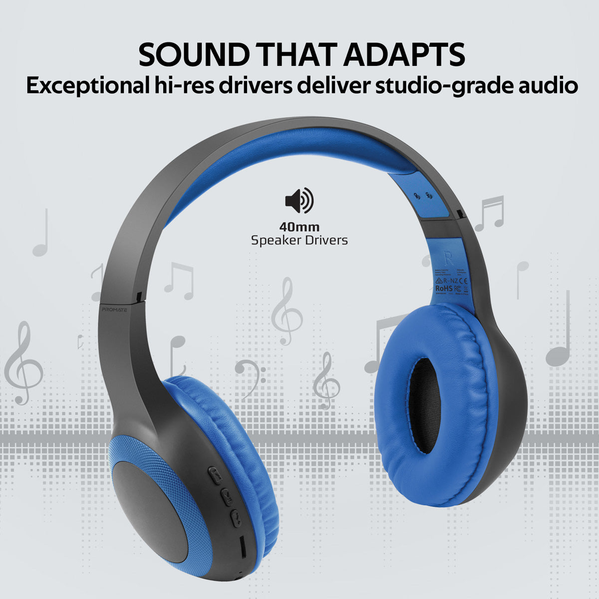Promate - Bluetooth Headphone, Over-Ear Deep Bass Wired/Wireless Headphone with Long Paytime, Hi-Fi Sound, Built-In Mic, On-Ear Controls, Soft Earpads, MicroSD Card Slot and AUX Port for iPhone, Samsung, iPad Pro, LaBoca Blue