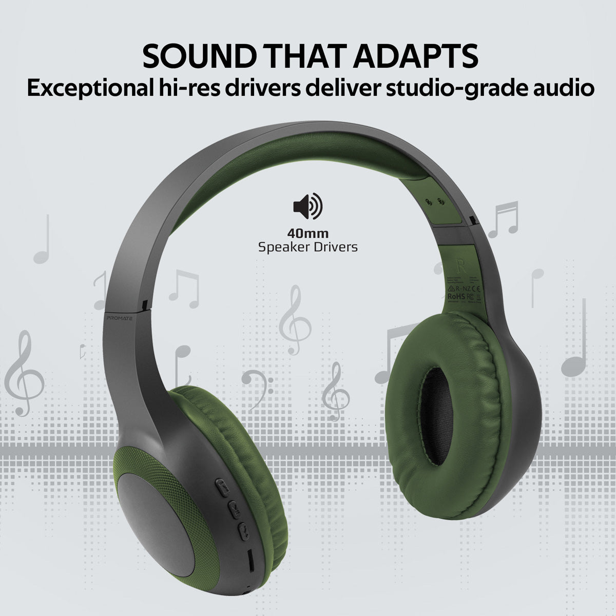 Promate - Bluetooth Headphone, Over-Ear Deep Bass Wired/Wireless Headphone with Long Paytime, Hi-Fi Sound, Built-In Mic, On-Ear Controls, Soft Earpads, MicroSD Card Slot and AUX Port for iPhone, Samsung, iPad Pro, LaBoca Midnight Green