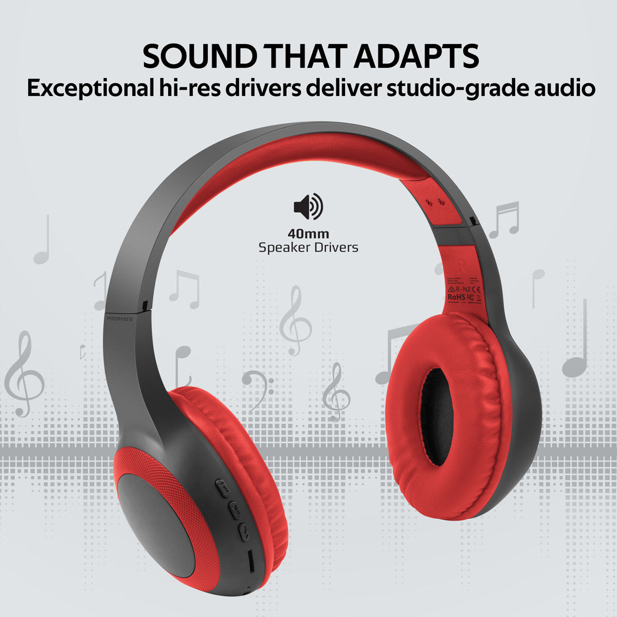 Promate - Bluetooth Headphone, Over-Ear Deep Bass Wired/Wireless Headphone with Long Paytime, Hi-Fi Sound, Built-In Mic, On-Ear Controls, Soft Earpads, MicroSD Card Slot and AUX Port for iPhone, Samsung, iPad Pro, LaBoca Red