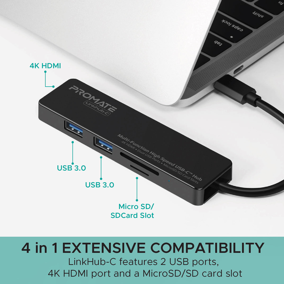 Promate - USB Type-C Hub, High-Speed USB-C Adapter with 4K HDMI Full HD Port, SD/MicroSD Card Slot, 2 USB 3.0 Port and 5Gbps Transfer Speed for MacBook Pro and Type-C laptop, LinkHub-C