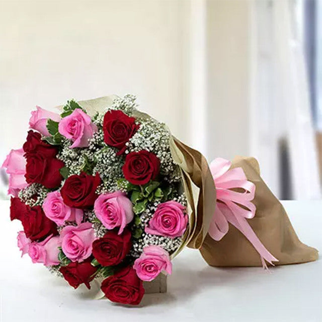 Lovely 10 Red and 10 Pink rosesFlowers10 Pink Roses 10 Red Roses Fillers- 8 Pittosporum & 7 Gypsophila Wrapped with Off White & Light Brown Color Fabric