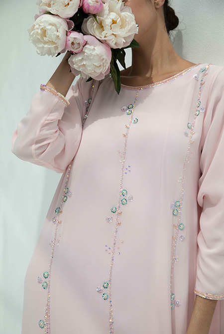 Fatima with Love - Baby Pink Chiffon with Pink & Baby Blue Embroidery Kaftan