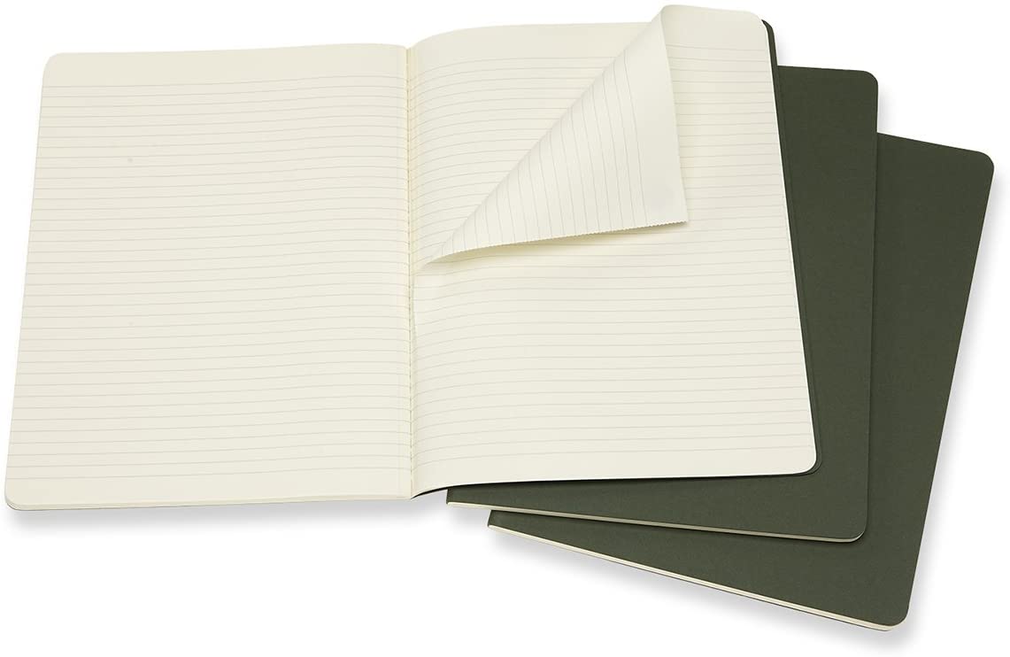Moleskine - Cahier Journal - Set 3 Notebooks with Ruled Pages - Cardboard Cover with Visible Cotton Stiching - Color Myrtle Green - Extra Large 19 x 25 cm - 120 Pages
