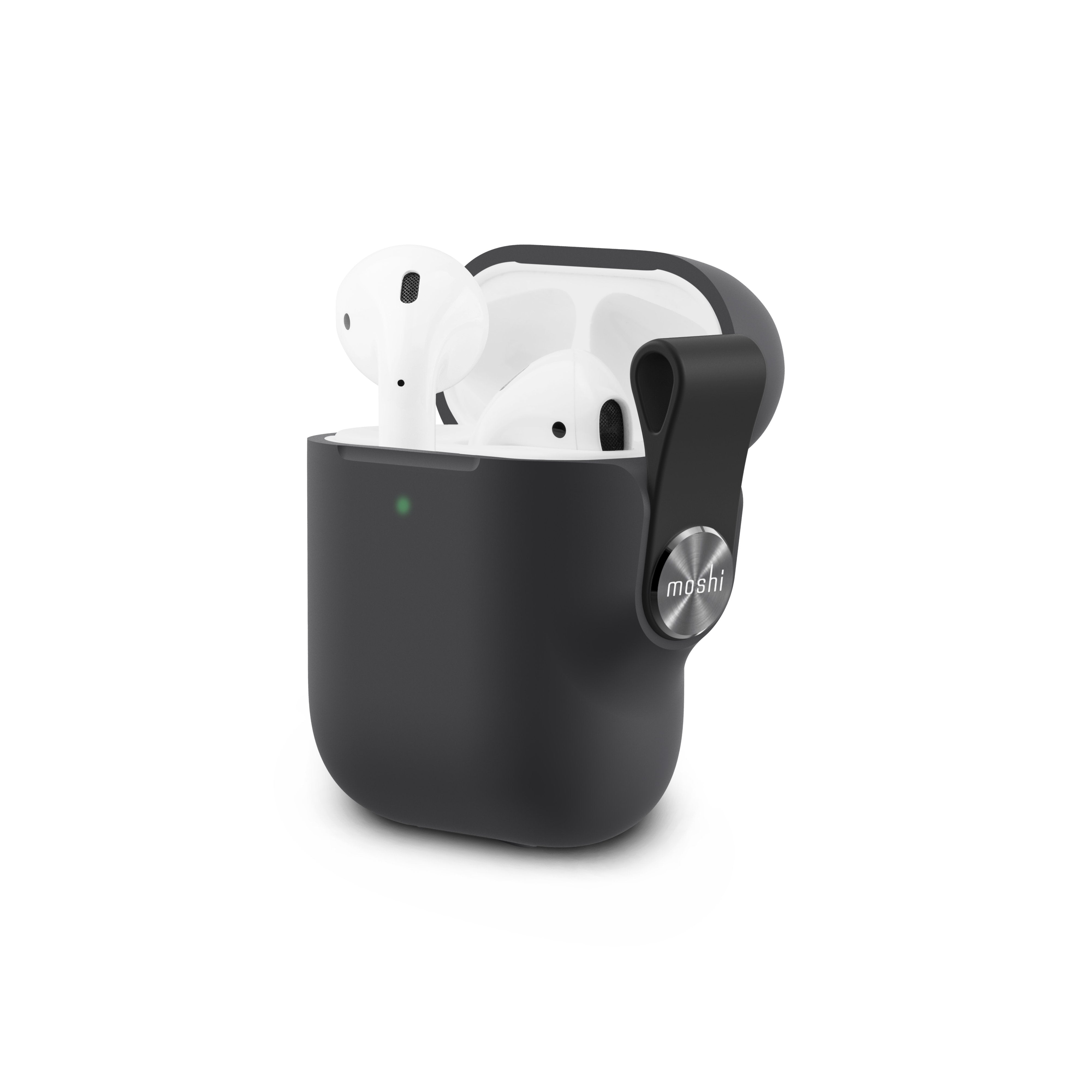 Moshi PEBBO AirPods Gen 1/2 Case - Shock Absorb Stylish AirPods Cover w/ Detachable Wrist Strap Included & LintGuard Protection, Wireless Charging Compatible, w/ LED indicator- Shadow Black