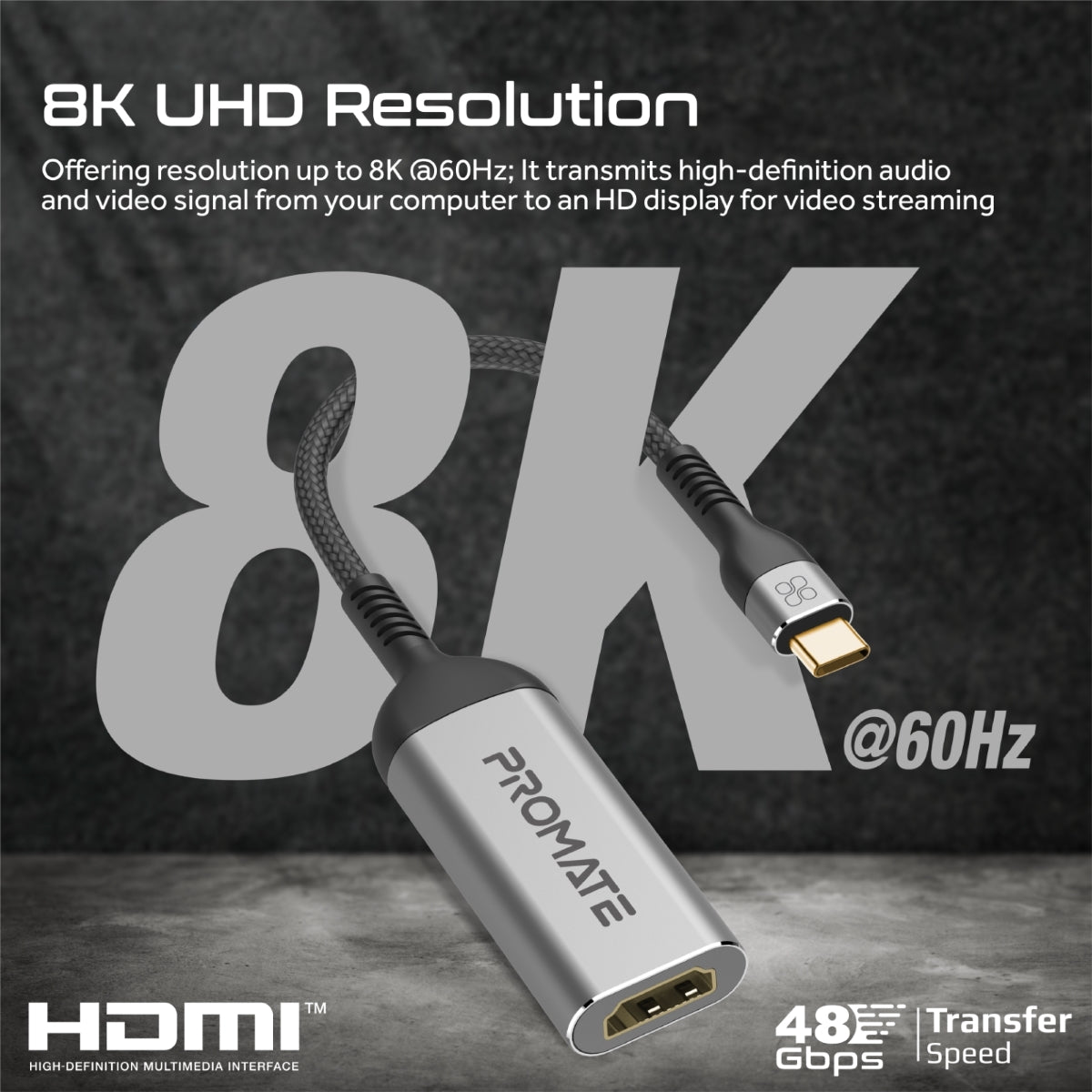 Promate Type-C to HDMI Adapter with 8K 60Hz Port, 48Gbps Transfer Speed and 10000+ Bend Lifespan, MediaLink-8K