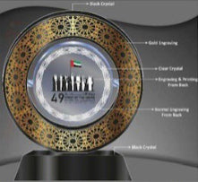 Crystal round black and white circle mounted on black base with engraving of text and logo. 22 cm Total LengthLetstango PromoCrystal round black and white circle mounted on black base with engraving of text and logo. 22 cm Total Length Lead Time: 8-10 Day