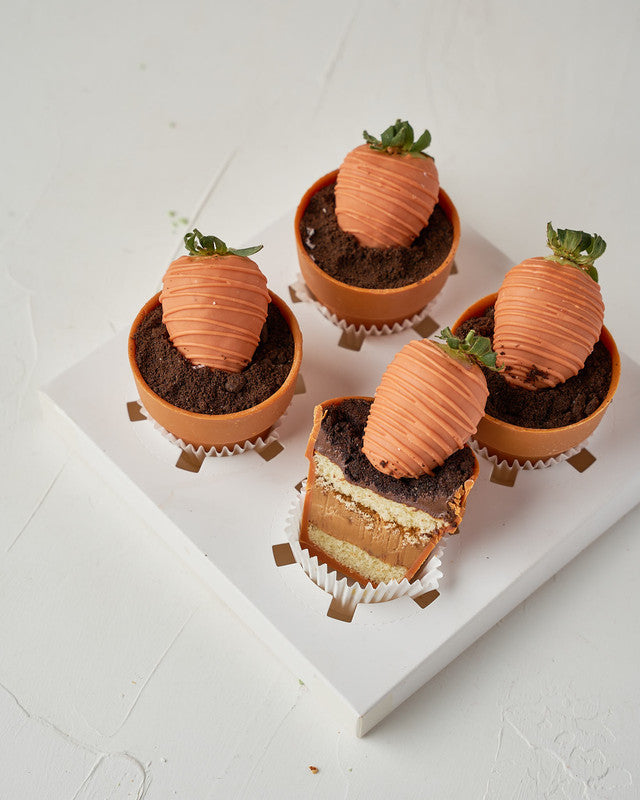 Carrots and CakesChocolate & ConfectioneryYour Gift Contains: • 4 chocolate covered strawberries • Edible Pots with vanilla and hazelnut ganache • Box Size: 18x18x18cm Handling and Storage • Keep away from direct heat and sunlight • Best stored between 8-