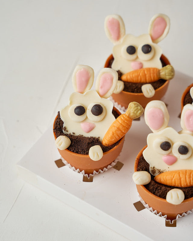 Bunny in PotsChocolate & ConfectioneryYour Gift Contains: • 4 White chocolate bunny face • Edible Pots with vanilla and hazelnut ganache • Box Size: 18x18x18cm Handling and Storage • Keep away from direct heat and sunlight • Best stored between 8-15 °C •
