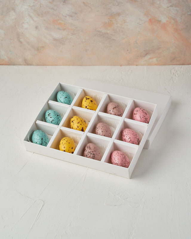 12 Spring Color Easter EggsChocolate & ConfectioneryYour Gift Contains: • 12 pieces Spring theme Belgian chocolate Easter Eggs • Weight: 300 grams approx. • Box Size: 24x18x3.5cm Handling and Storage • Keep away from direct heat and sunlight • Best stored