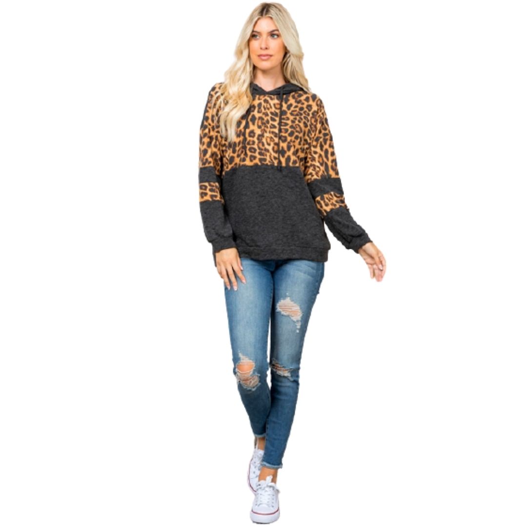 Leopard Hoodie for WomenFabric: 77% Polyester 17% Rayon 6% Spandex. Comfortable and Soft. Features: Drawstring hoodies long sleeve cowl neck outwear loose fit casual tunic sweatershirts. UK Size: S: Bust 37.8 inches M: Bust 39.4 inches L: Bust 41.7 inches