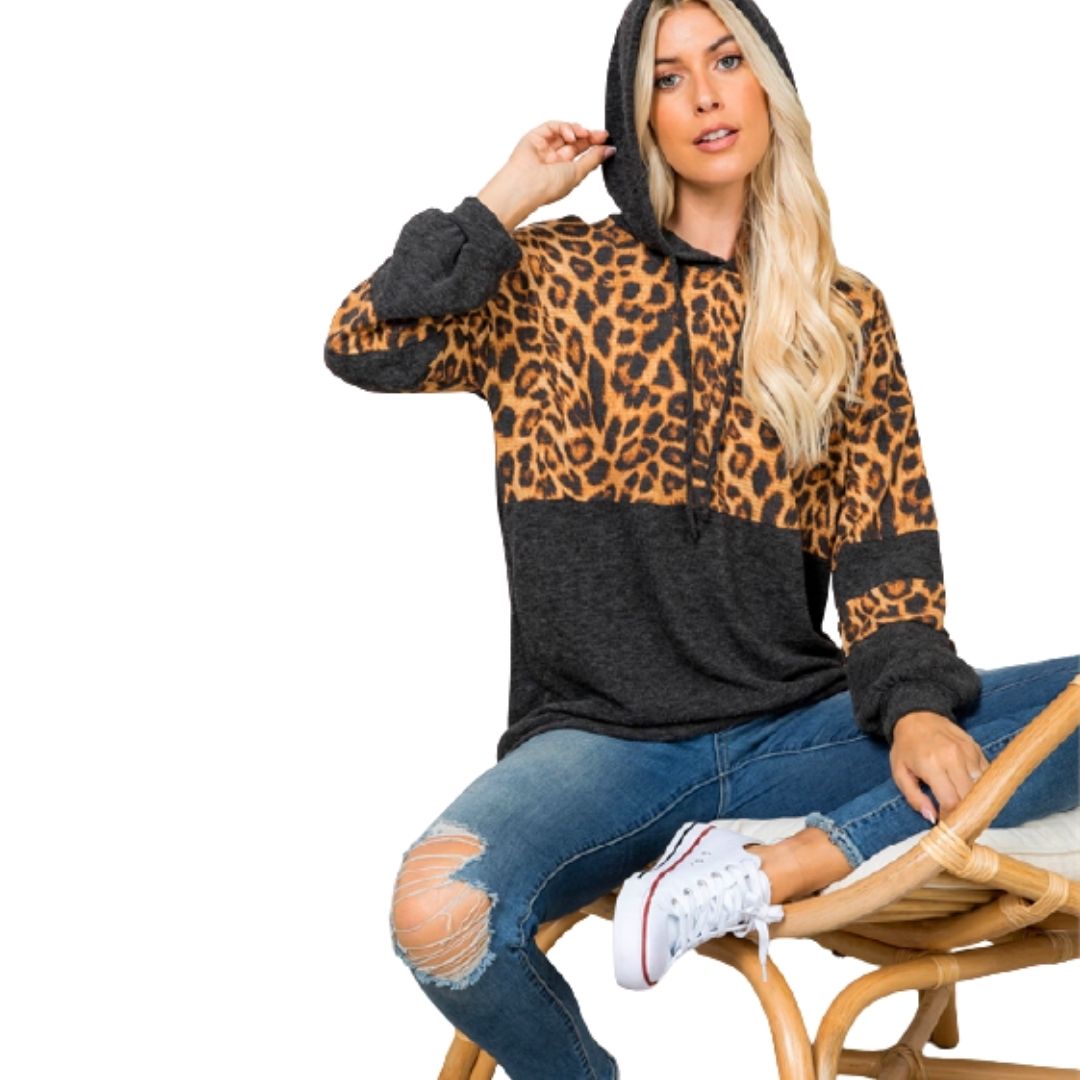 Leopard Hoodie for WomenFabric: 77% Polyester 17% Rayon 6% Spandex. Comfortable and Soft. Features: Drawstring hoodies long sleeve cowl neck outwear loose fit casual tunic sweatershirts. UK Size: S: Bust 37.8 inches M: Bust 39.4 inches L: Bust 41.7 inches