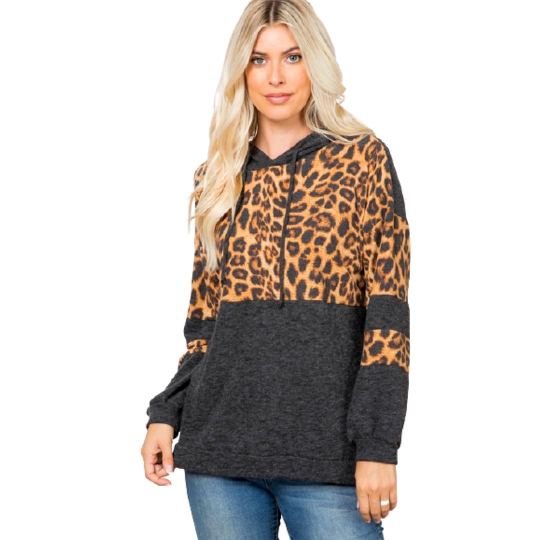 Leopard Hoodie for WomenFabric: 77% Polyester 17% Rayon 6% Spandex. Comfortable and Soft. Features: Drawstring hoodies long sleeve cowl neck outwear loose fit casual tunic sweatershirts. UK Size: S: Bust 37.8 inches M: Bust 39.4 inches L: Bust 41.7 inches
