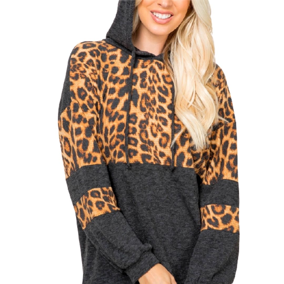 Leopard Hoodie for WomenFabric: 77% Polyester 17% Rayon 6% Spandex. Comfortable and Soft. Features: Drawstring hoodies long sleeve cowl neck outwear loose fit casual tunic sweatershirts. UK Size: S: Bust 37.8 inches M: Bust 39.4 inches L: Bust 41.7 inches