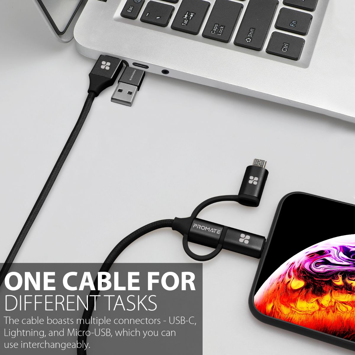 Promate - 6-In-1 Multi Charging Cable, Premium Hybrid 20V 3A Lightning, USB-C, Micro USB Connectors to USB-A and USB-C Fast Sync Charging Cable Data Cord with 60W Type-C to Type-C Power Delivery Cable, PentaPower Black