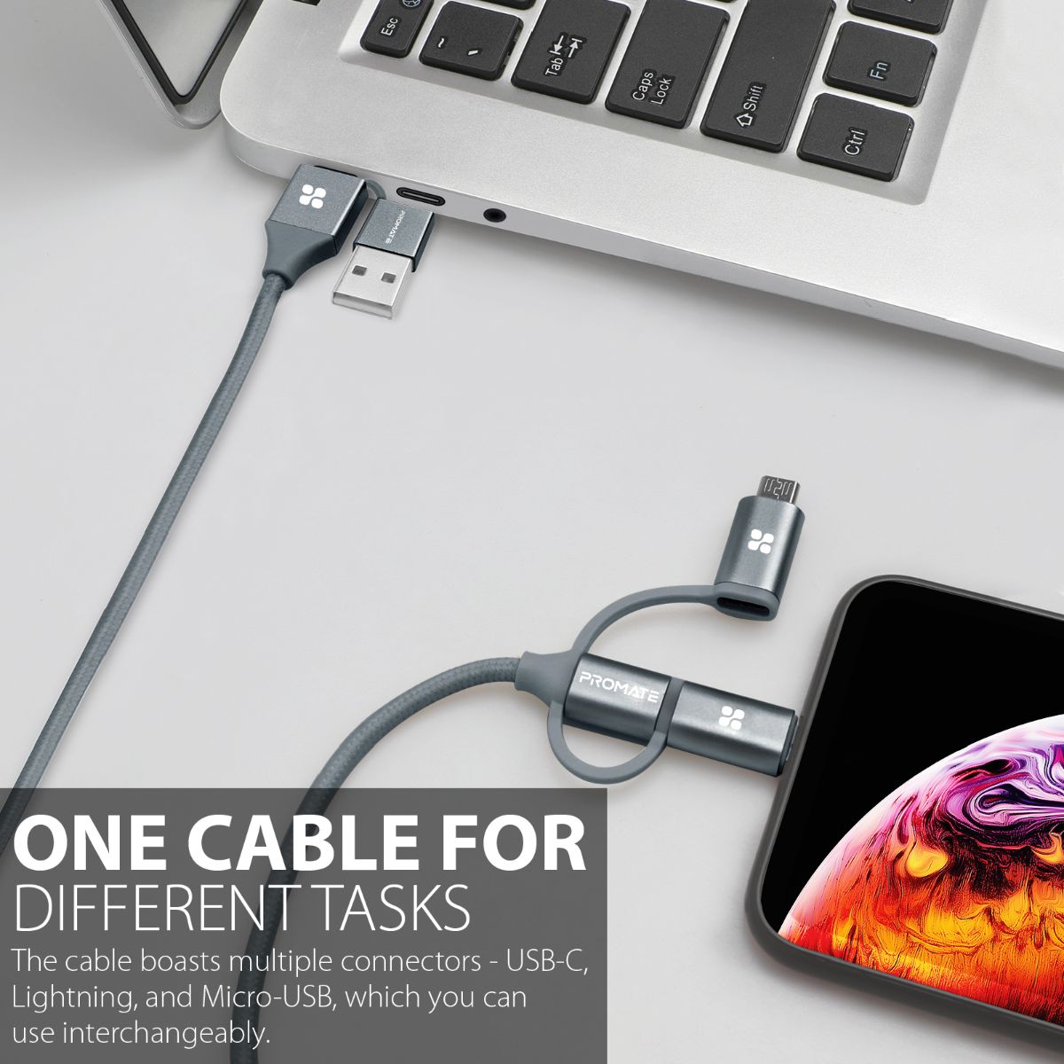 Promate - 6-In-1 Multi Charging Cable, Premium Hybrid 20V 3A Lightning, USB-C, Micro USB Connectors to USB-A and USB-C Fast Sync Charging Cable Data Cord with 60W Type-C to Type-C Power Delivery Cable, PentaPower Grey