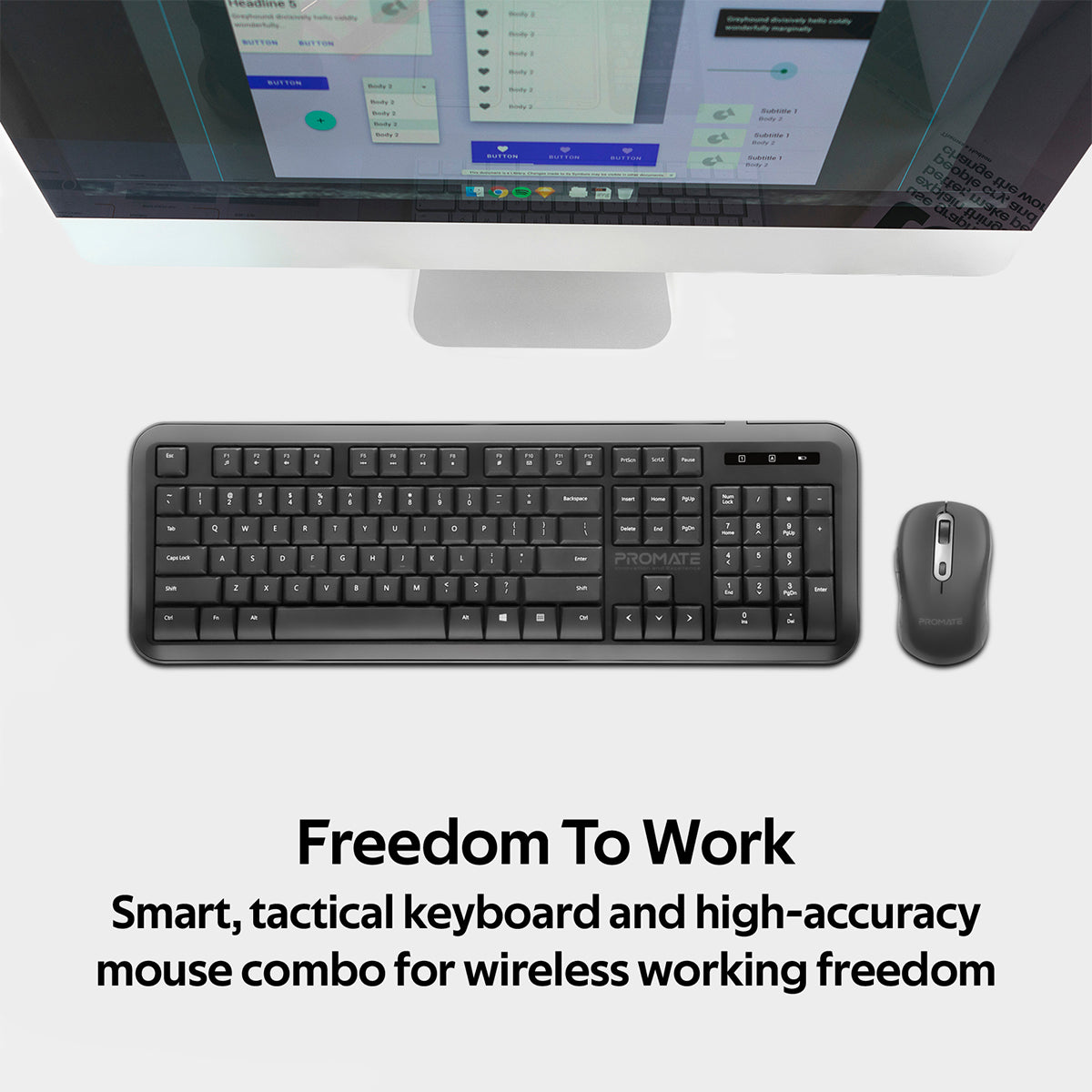 Promate USB-C Wireless Keyboard and Mouse, 2.4Ghz Quiet Full-Size Keyboard and Adjustable DPI Mouse with 2-in-1 USB-A/USB-C Nano Receiver, 12 Multimedia Shortcuts and Auto-Sleep Function for Desktop, PC, Windows, iOS, ProCombo-6 English