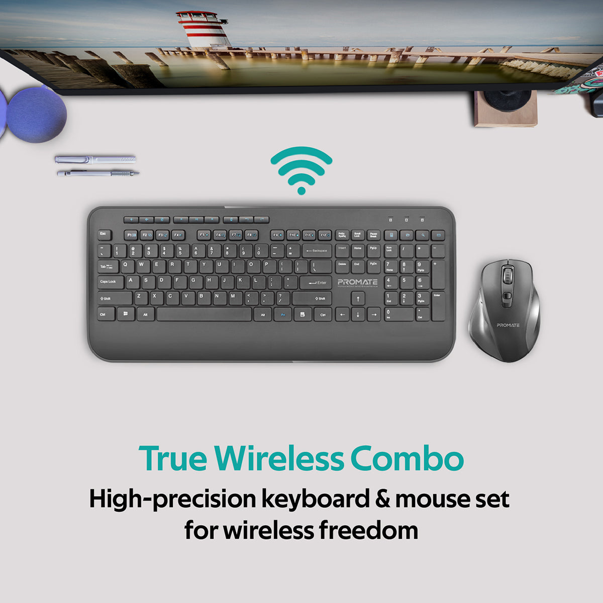 Promate Wireless Keyboard and Mouse Combo, Ergonomic Sleek 2.4Ghz Full-Size Wireless Keyboard with Palm Rest and 1600 DPI Mouse, Nano USB Receiver and Auto-Sleep Function for PC, Desktops, Windows, IOS, ProCombo-8 English