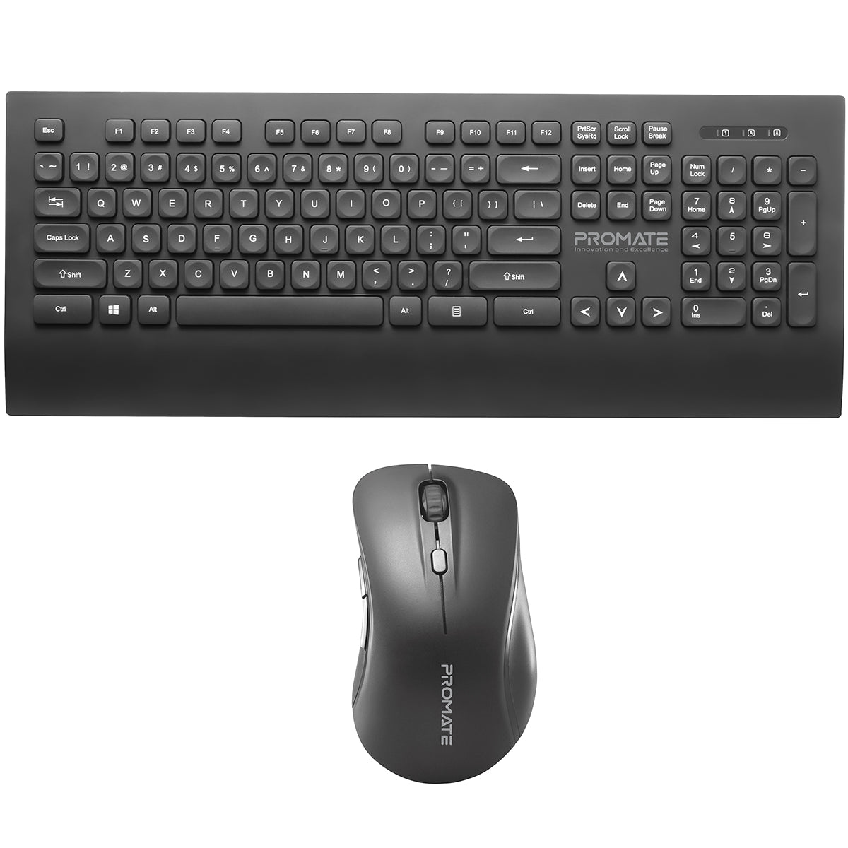 Promate Wireless Keyboard and Mouse, 2.4Ghhz Wireless Full-sized Keyboard with Numeric Keypad, Adjustable Dpi Wireless Mouse, Palm Rest, Nano USB Receiver and Power Saving Mode for PC, Desktop, Computer, Notebook, Laptop, ProCombo-7 English