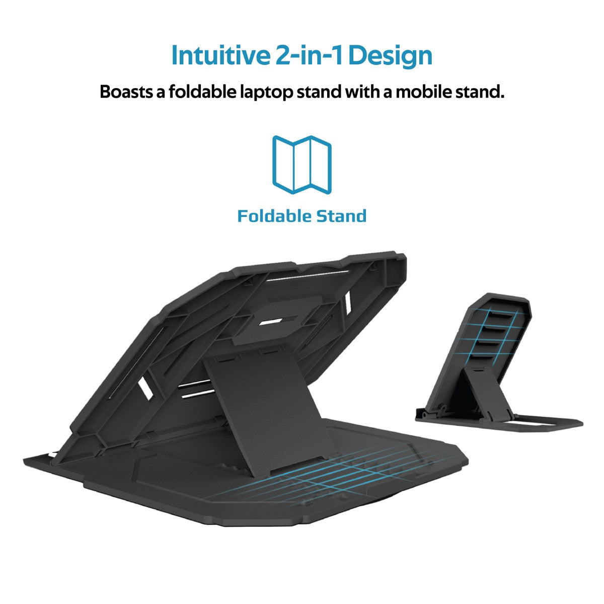 Promate Laptop Stand, 2-In-1 Foldable Laptop and Smartphone Riser Stand with 360 Degree Rotatable Base, Multi-Angle Adjustable Height and Anti-Slip Grip for Laptops, Smartphone, Notebooks, ProCooler-1