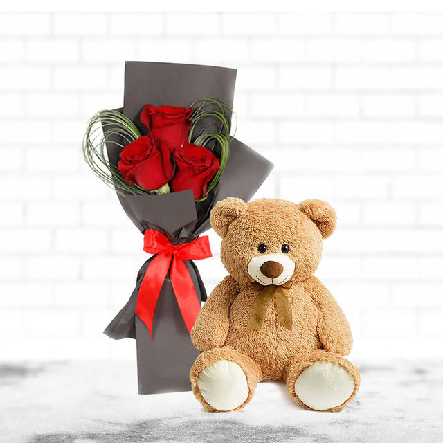 Red Roses Bouquet & Teddy BearFlowers15 Inches Teddy Bear 3 Red Roses Flexi Grass Wrapped in Black Wrapping and a Ribbon Bow