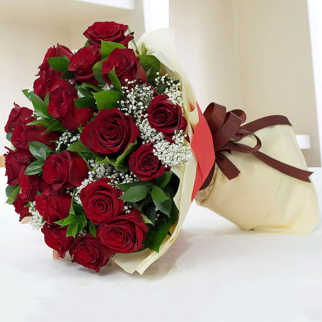 Romantic Red Roses BouquetFlowers20 Red Roses Fillers- Gypsophila, Single Ruscus & Salal tips Wrapped with Off-White Fabric