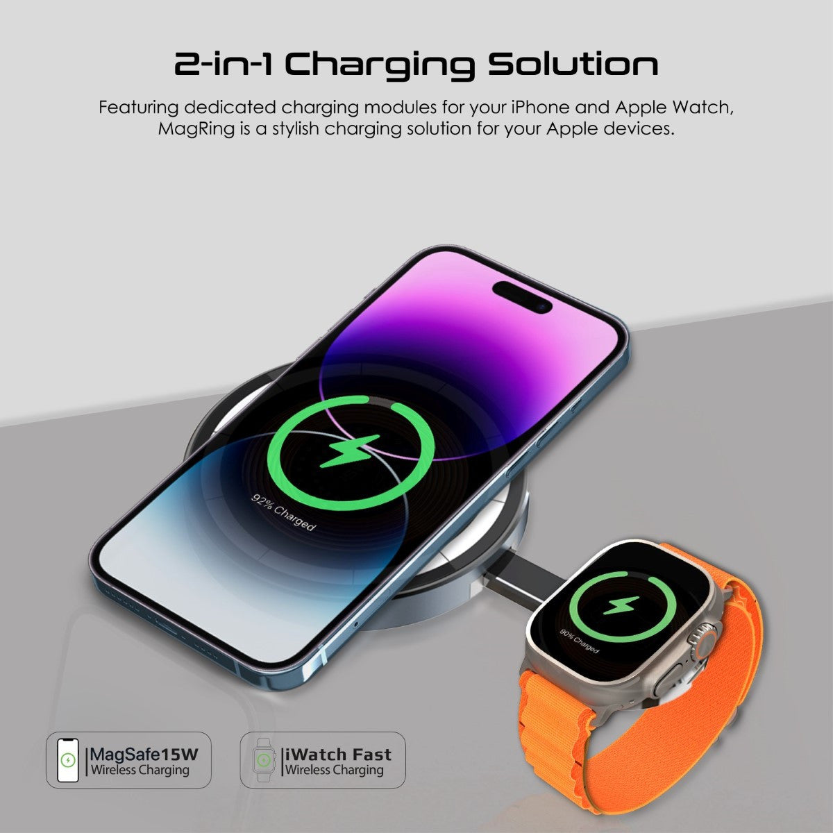 Promate Charging Station, 2-in-1 Pocket-Sized Transparent Charging Pad with 15W MagSafe Compatible Charger, 3W Apple Watch Charger and 180° Foldable Design for iPhone 15/14/13, Apple Watch 9/8/7, MagRing