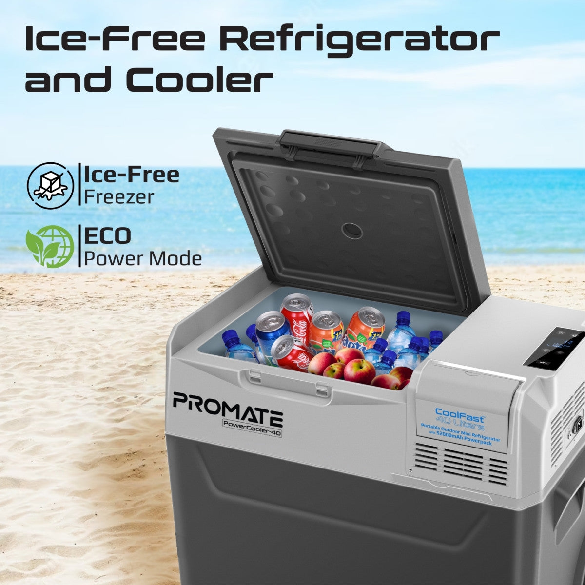 Promate Portable Mini Fridge, -20°C to 20°C Ice-Free Cooler with 52000mAh Multi-Port Power Bank, 2W LED Torch, 40L Capacity, 36H Cooling and 3-Way Recharging for Outdoor, Camping, PowerCooler-40