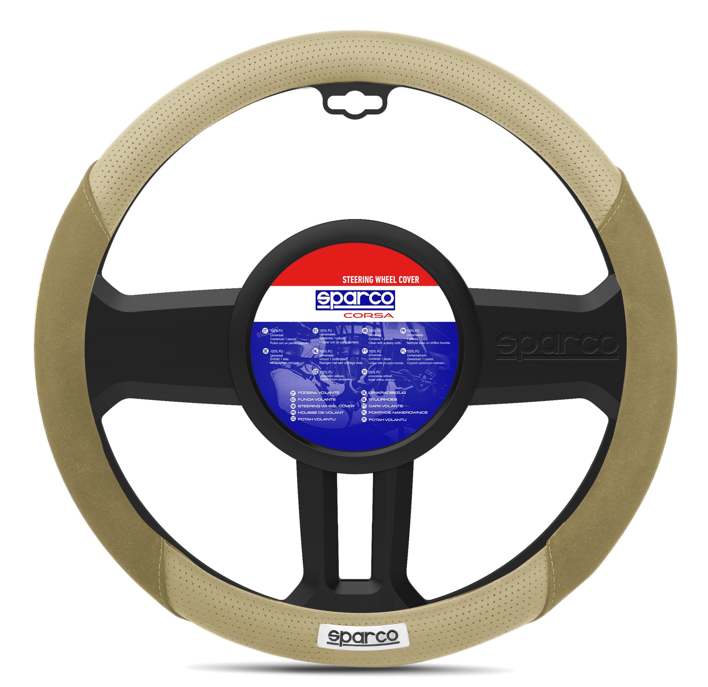 Sparco Universal Steering Wheel Cover Suede/leather Beige 38cmCar AccessoriesUniversal. Medium size (38cm). Durable stretch material. Comfortable grip. Anti-fade. Universal fit. Easy installation.