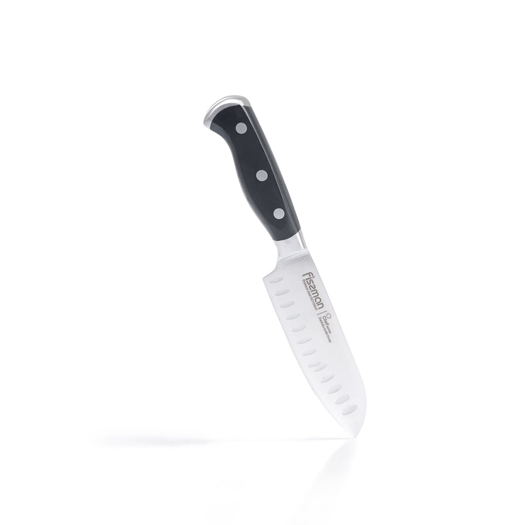 FISSMAN Santoku Knife CHEF 5.5inchKitchen StorageCHEF Series The Santoku knife is designed for shredding vegetables, thin slicing, cutting meat and fish. The grooves in the surface make it easier to use: they retain air when cutting, so the food does not