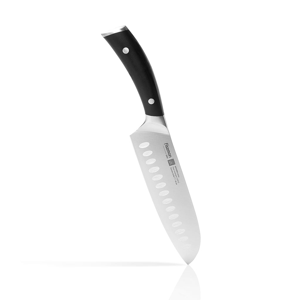 FISSMAN KOYOSHI Santuko Knife with German Stainless Steel 7inchKitchen StorageKOYOSHI series The Santoku knife is designed for shredding vegetables, thin slicing, cutting meat and fish. There are indentations on the left side of the blade, and the right s