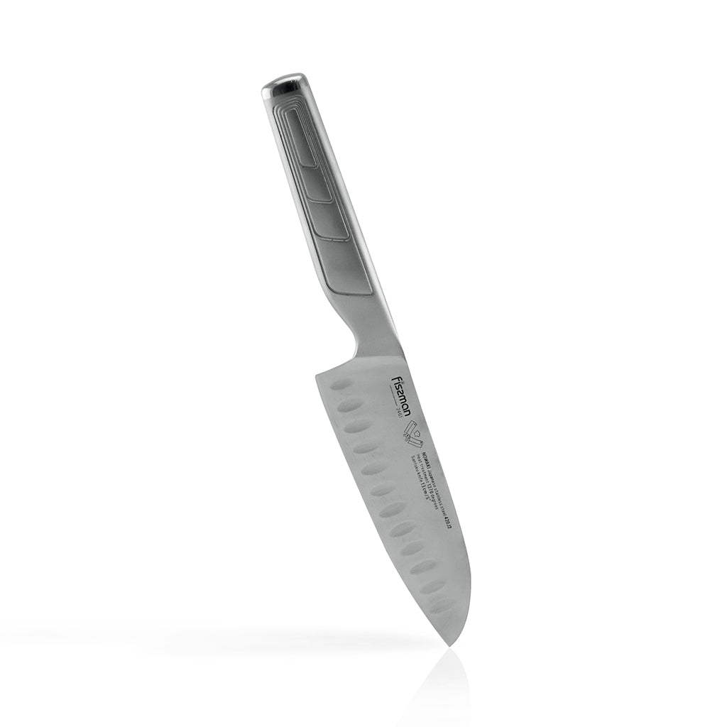 FISSMAN NOWAKI Santoku Knife with Japanese Stainless Steel 5inchKitchen StorageNOWAKI SERIES The Santoku knife is designed for shredding vegetables, thin slicing, cutting meat and fish. The grooves in the surface make it easier to use: they retain air whe