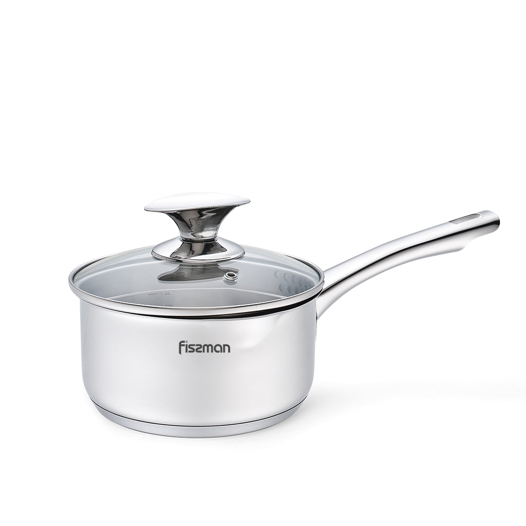 FISSMAN ELEGANCE Stainless Sauce Pan with Glass Lid, Pouring Lip and Lid Strainer 16x8cmKitchen GadgetsELEGANCE Series FISSMAN values its customers and treats the quality of its products with special attention. The ELEGANCE series cookware is made of the
