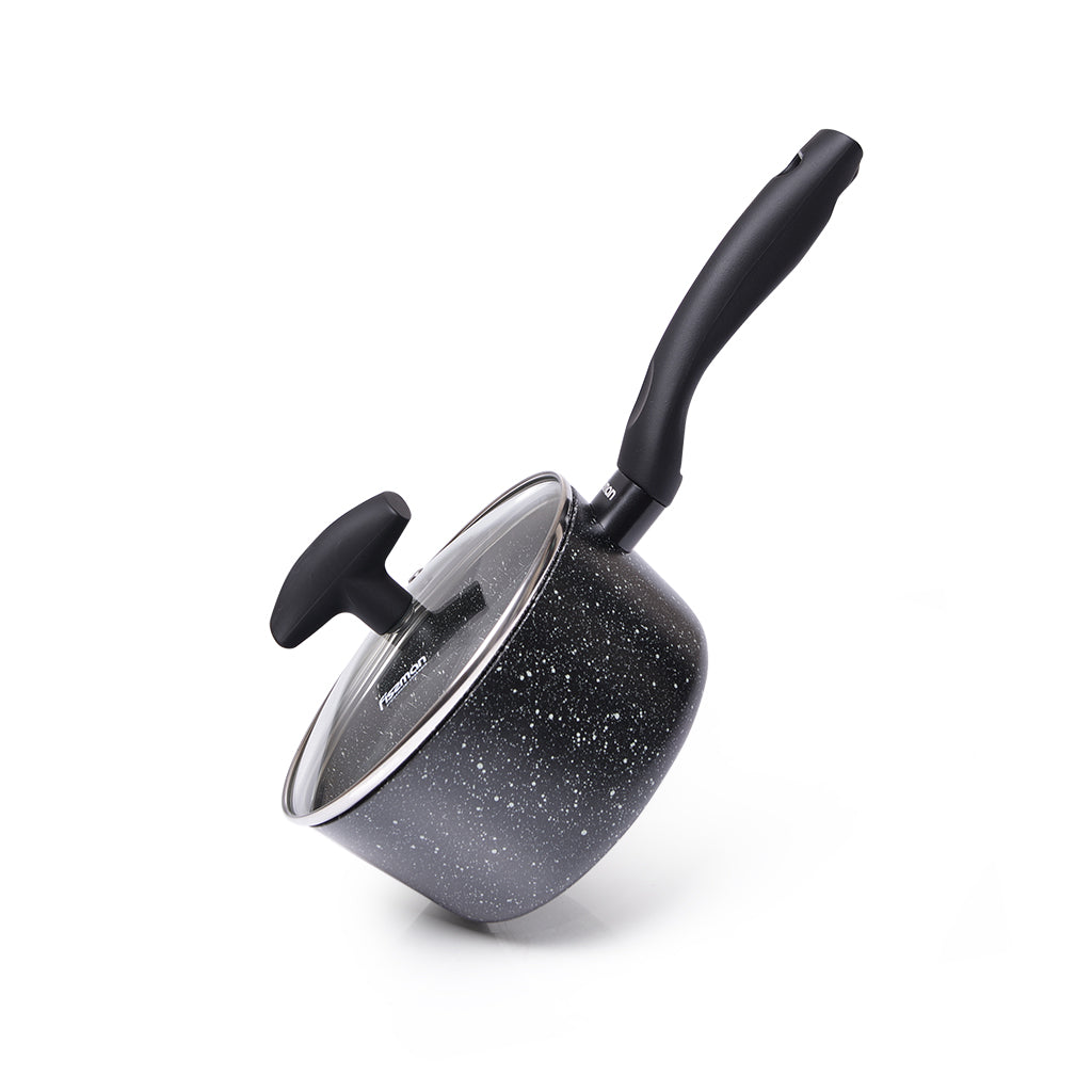 FISSMAN Sauce Pan with Glass Lid FIORE Series 16x8.5cm/1.45L Aluminium with Non-Stick CoatingKitchen StorageFIORE SERIES Have the best cookware utensils collection by getting our durable saucepan pan! Made from premium quality Aluminum and the coatings ar