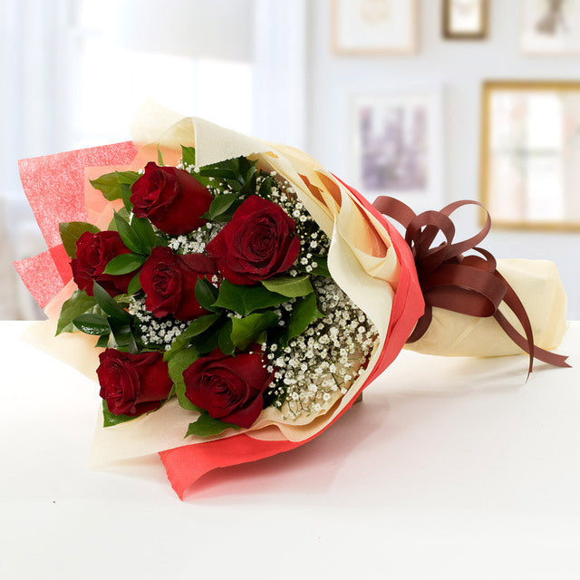Shades Of Love Red Roses BouquetFlowers6 Red Roses 4 stems Gypsophila Fillers-7 stems Single Ruscus &4 stems Salal Tips Wrapped with Red & Off White Color Fabric