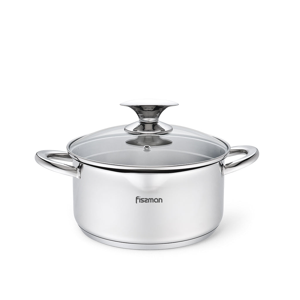 FISSMAN ELEGANCE Stainless Steel StockPot 18cm/2.2L with Glass Lid, Pouring Lip and Lid StrainerKitchen GadgetsELEGANCE Series FISSMAN values its customers and treats the quality of its products with special attention. The ELEGANCE series cookware is made