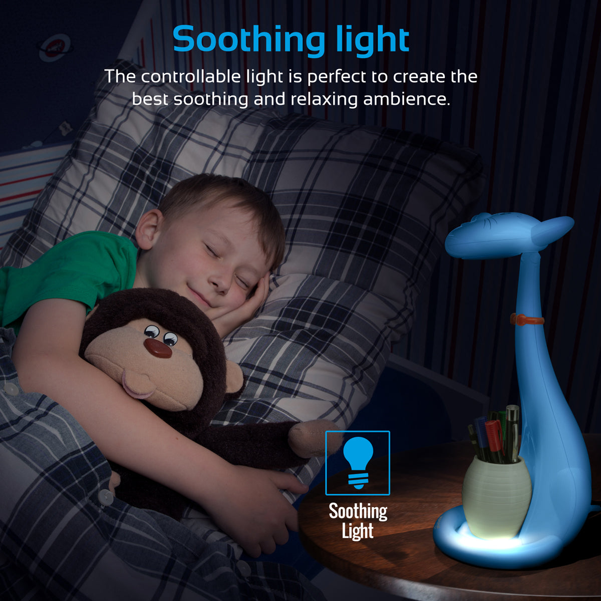 Promate - Kids Night Light, Portable Pen-Holder Touch Sensitive LED Night Light with 3 Level Dimmable Reading Light, 3 Colour and 180 Degree Rotatable Neck for Studying, Reading, Table, Home, Tom Blue