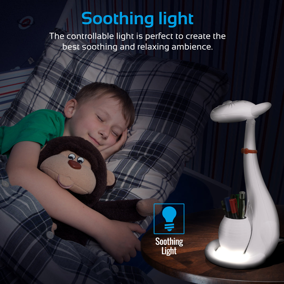 Promate - Kids Night Light, Portable Pen-Holder Touch Sensitive LED Night Light with 3 Level Dimmable Reading Light, 3 Colour and 180 Degree Rotatable Neck for Studying, Reading, Table, Home, Tom White