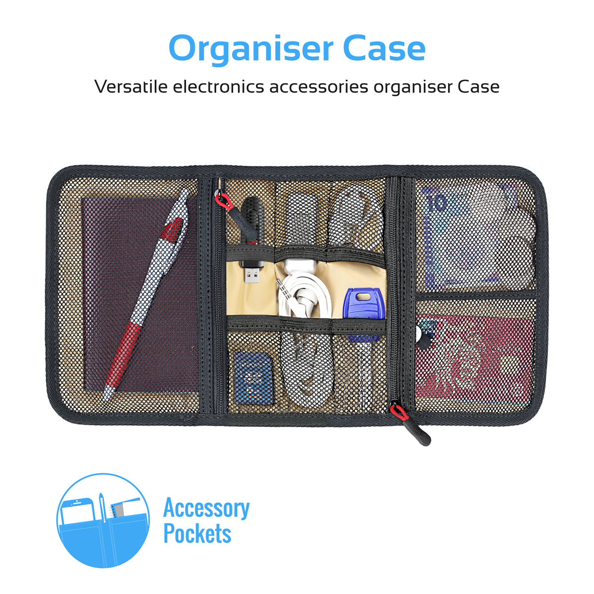 Promate - Travel Gear Organizer, Universal Gadget Accessories Travel Carry Case Storage Small Pouch with Water Resistance for Cables, Memory Cards, Earphone, Hard Drive, Travelpack-S Blue