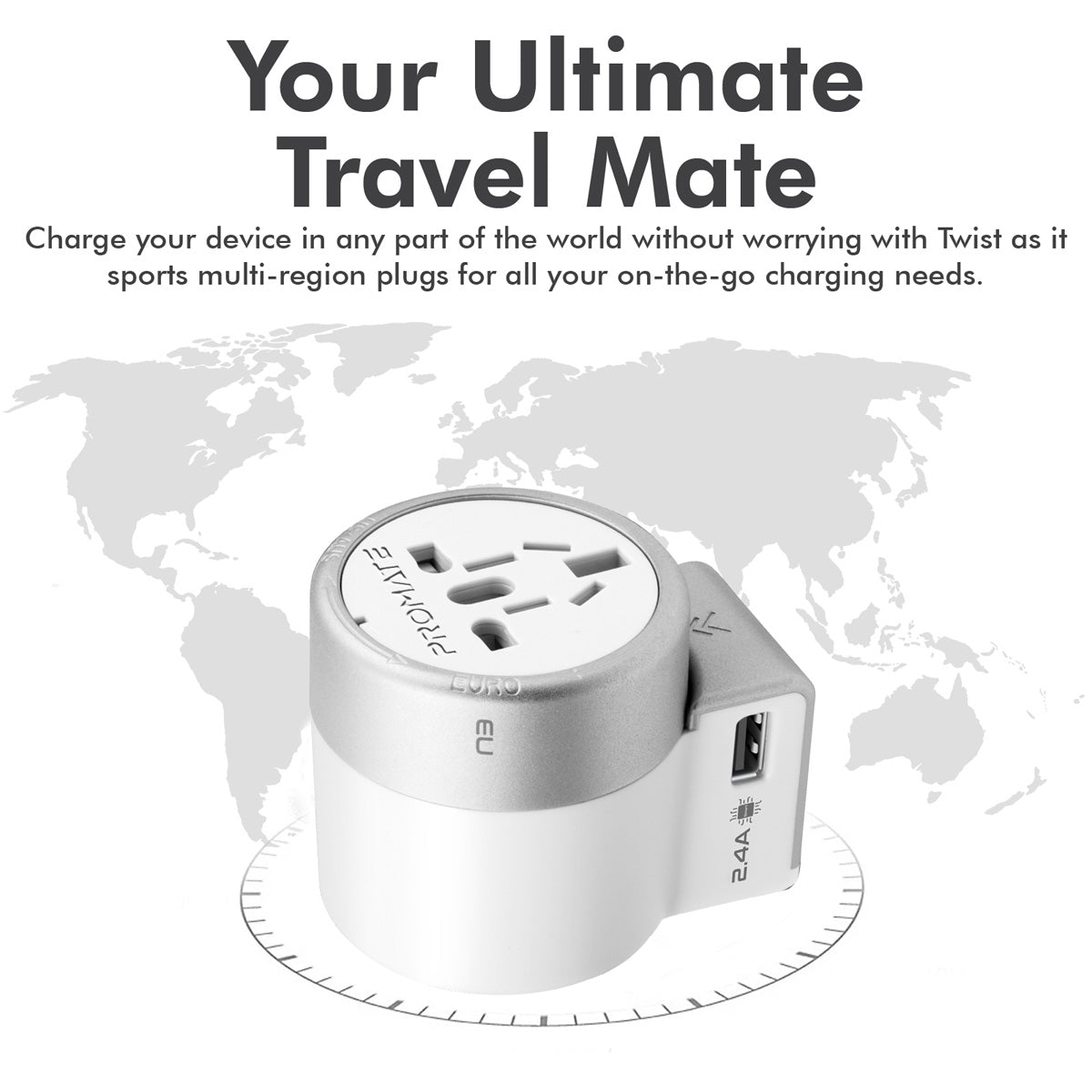 Promate - Universal Travel Adapter, All-In-One International Twist Design Power Adapter with 2.4A 12W Dual USB Charging Port and Worldwide AC Wall Outlet Adapter for UK, EU, AU, US, Smartphones, Laptops, Tablets, Twist White