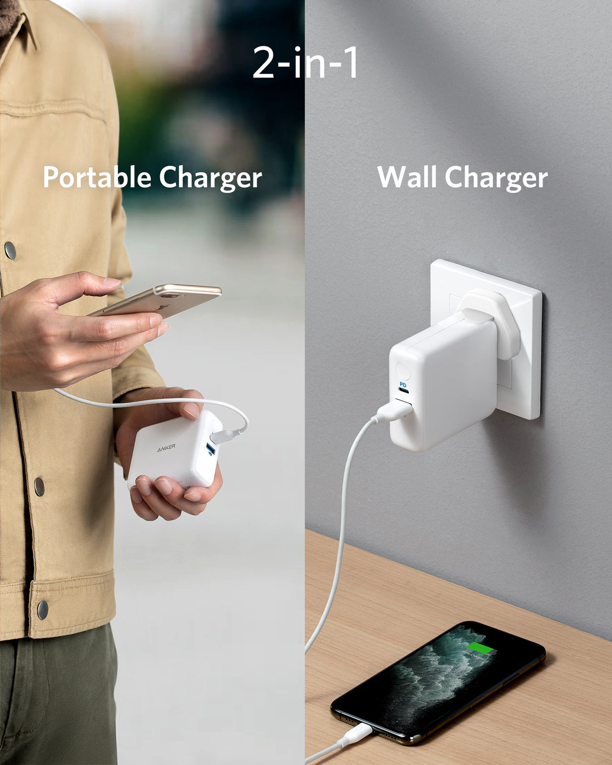 Anker Powercore III Fusion 5000 Powerbank+wall Charger White - A1624H22