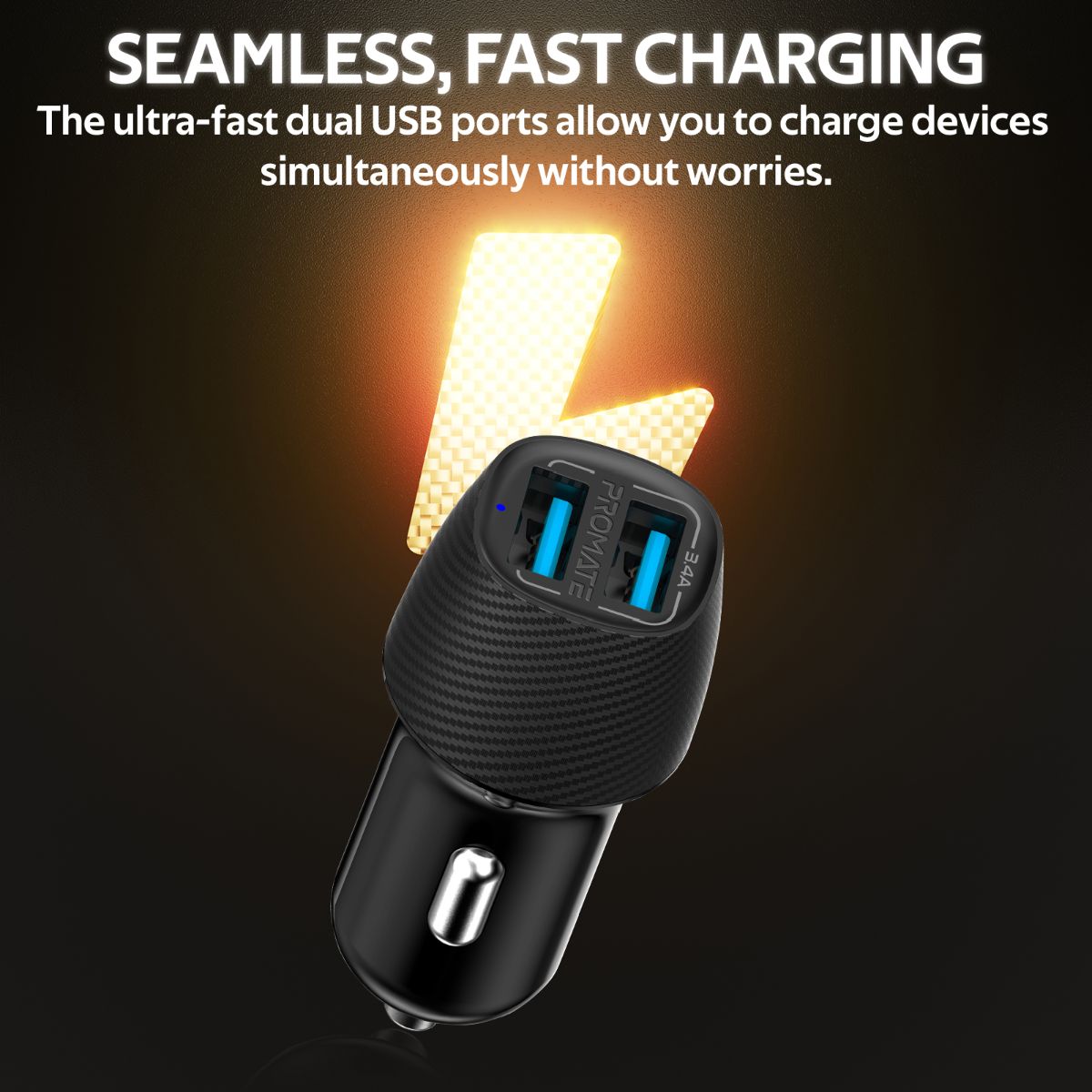 Promate - 3.4A Car Charger, Universal Compact 3.4A Fast Charging Car Adapter with Smart Output Compatible and Short Circuit Protection for Smartphones, Tablet, All USB Enabled Devices, VolTrip-Duo Black