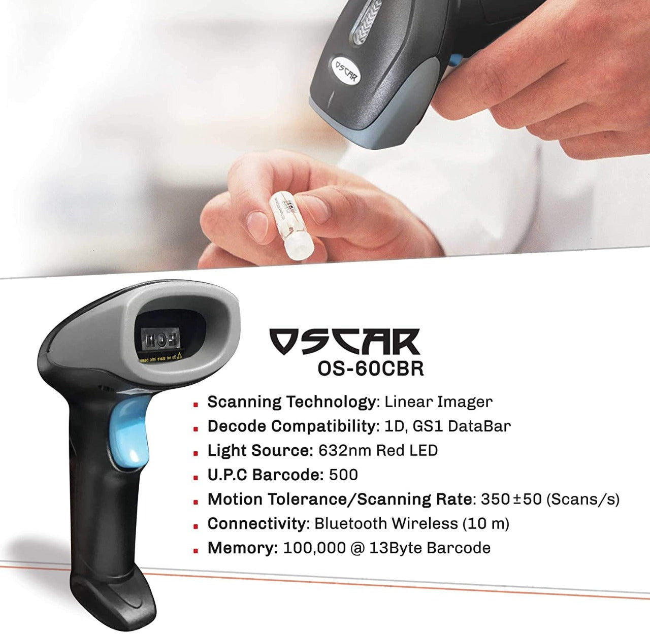 OSCAR OS-60CBR 2-in-1 Wired & Cordless Wireless | 100,000 Memory | Rechargeable Barcode Scanner Imager 1D | Long Range 100M | Warehouse, Retail, Office, POS | Scans from mobile phone screenComputer & Laptop AccessoriesHighlights Decode Compatibility : 1D,