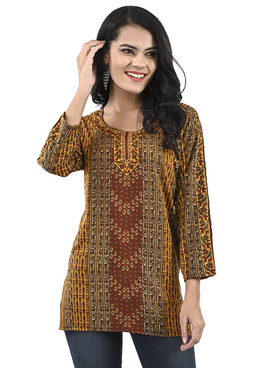 Women's Regular Maroon and Yellow and Printed Short KurtiFashionSmart modernity with traditional yet casual aspects characterize these Short Kurtis. The fashion-conscious woman reflects these kurtis with an easy going attitude with a blend of fashion and