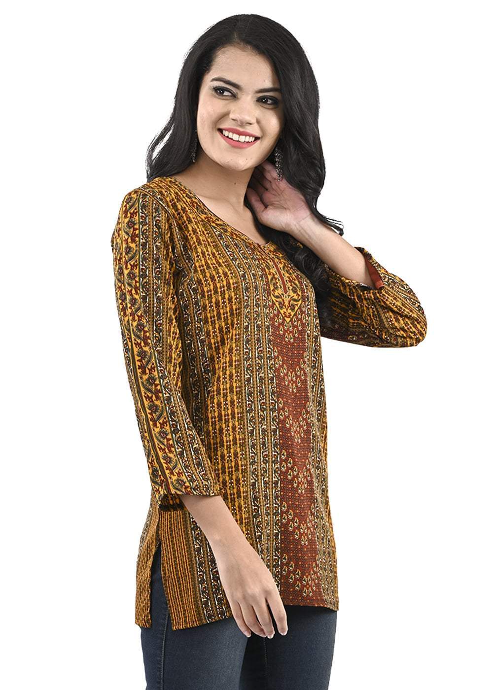 Women's Regular Maroon and Yellow and Printed Short KurtiFashionSmart modernity with traditional yet casual aspects characterize these Short Kurtis. The fashion-conscious woman reflects these kurtis with an easy going attitude with a blend of fashion and