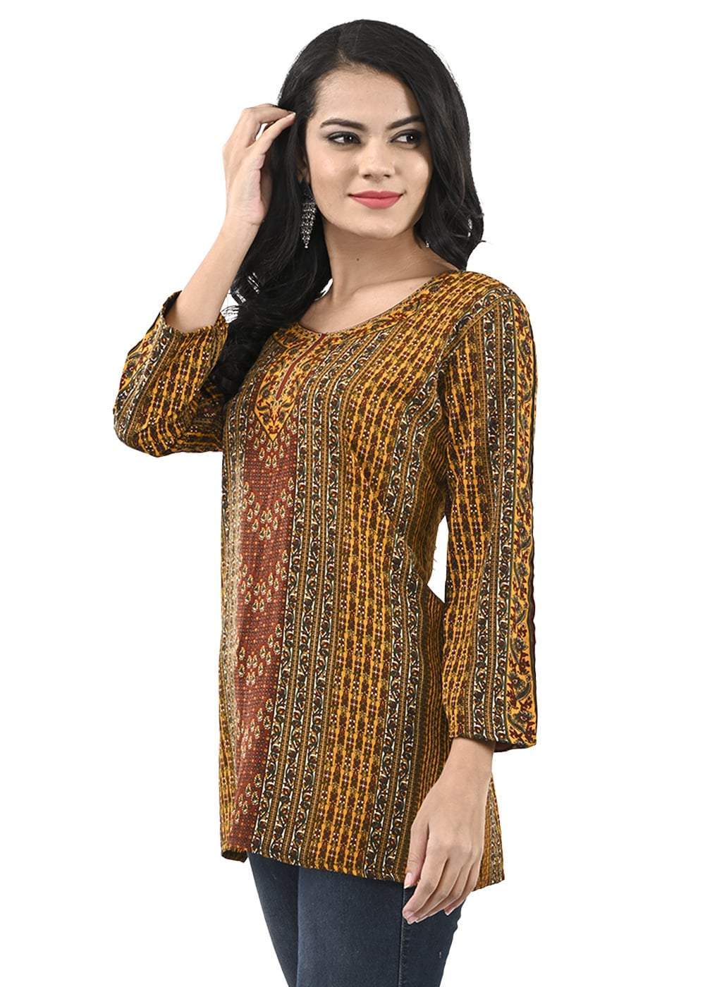 Women's Regular Maroon and Yellow and Printed Short KurtiFashionSmart modernity with traditional yet casual aspects characterize these Short Kurtis. The fashion-conscious woman reflects these kurtis with an easy going attitude with a blend of fashion and