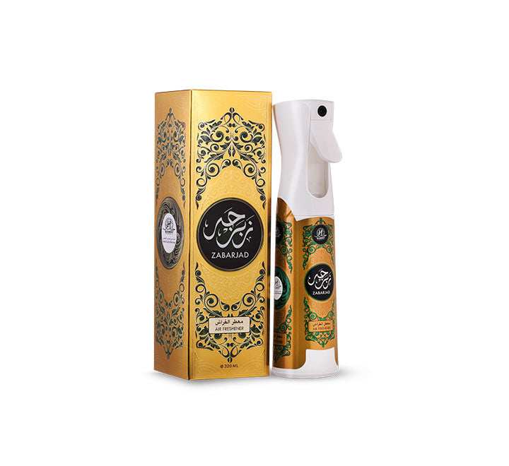 Air Freshener Zabarjad 320MLHome EnvironmentA floral gourmand scent that tops with the fruity fig and orange balancing into a pleasant bouquet of sweet roses, violets and praline, finally leading to the luxury of patchouli and musk