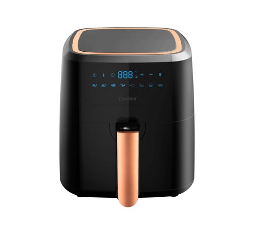 Dessini Digital Air Fryer 5 Liters 1000 watts Color BlackHot air technology for healthier frying Blue LED digital control with touch sensor panel adjustable temperature 65-200 Degree 8 dedicated preset cooking funcations 90 minute timer Capacity 5 Liters