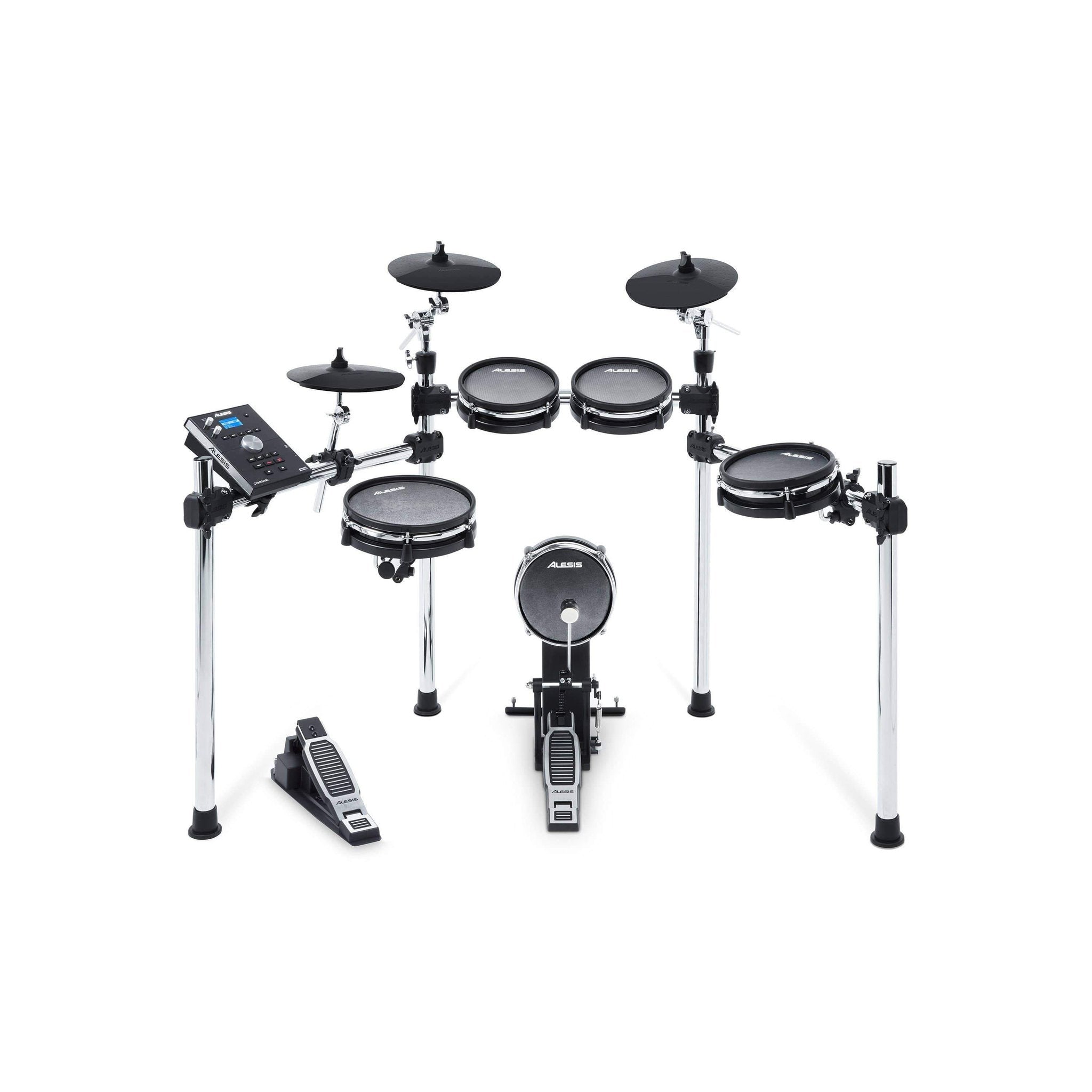 Alesis Command Mesh KitMusical InstrumentsThis Alesis Command Mesh Kit includes an 8″ mesh kick with pedal, a 10″ dual-zone mesh snare drum, and three 8″ dual-zone mesh toms. The set also features a 10″ ride cymbal with choke, a 10″ crash with choke, and