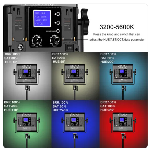 GVM 800D-RGB LED Studio Video LightCamera Accessories3200 to 5600K Plus RGB Control, CRI97 Measures 10.6 x 10.3 x 2″ 0 to 100% Dimming, Beam Angle: 120° 4-Way Barndoors, AC Power Adapter The 800D-RGB LED Studio Video Light from GVM is a versatile 10.6 x 1