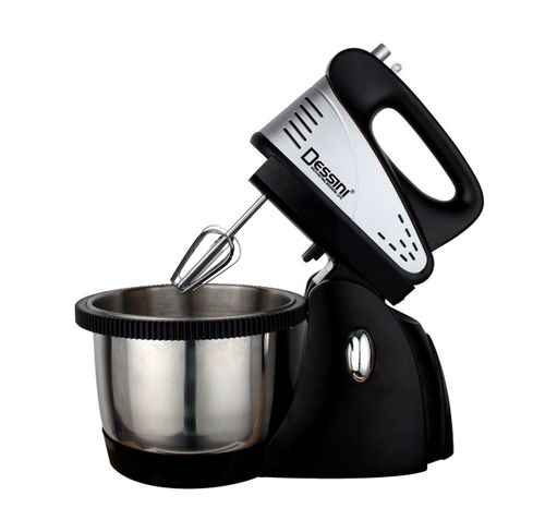 Dessini Hand Mixer With Bowl BlackSuperb Performance 2L self-turning 201SUS bowl 5 Speeds One touch Easy beater ejector All new mixer body Chromed Beaters and dough hooks Mixer Arrest with fixing button Locking Button for tilt Detachable head for using as